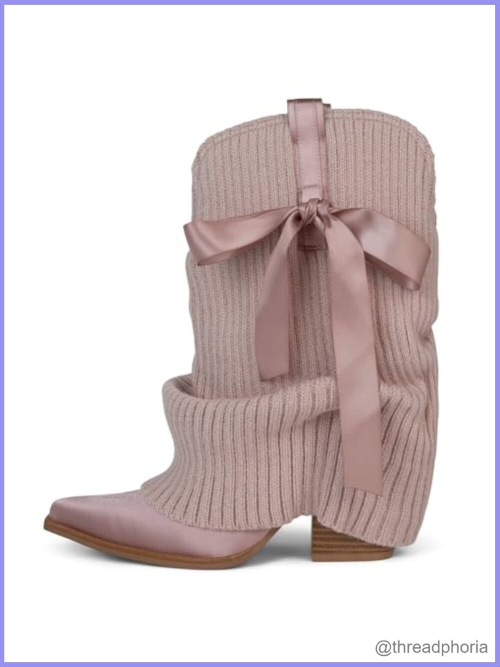 Knitted Cowboy Boots Fold Over Slouch Western Ankle Booties Pull On Chunky Heel